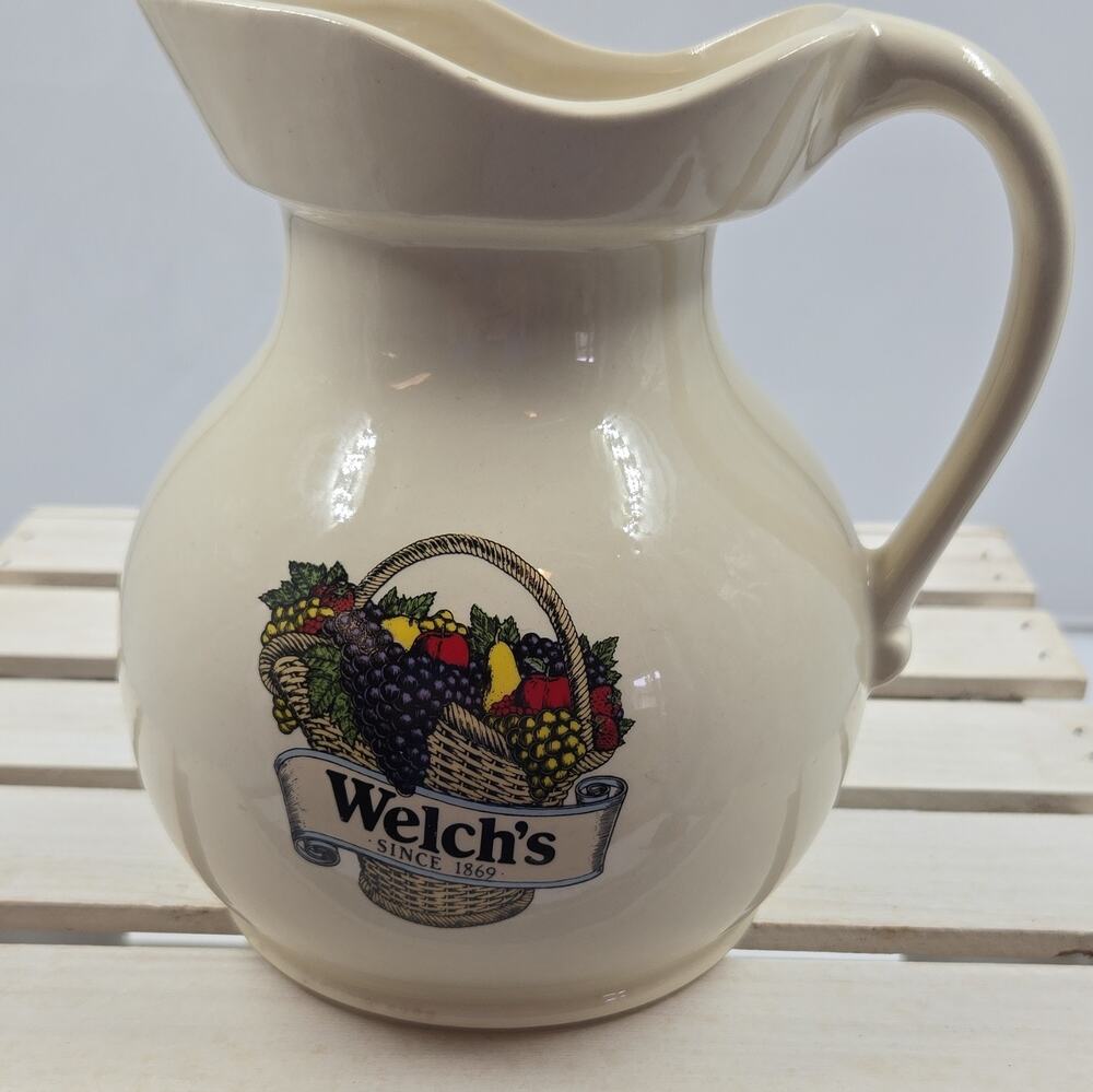Welch's Ceramic Pitcher Glossy Beige Multicolor Fruit Pattern Decorative Handle